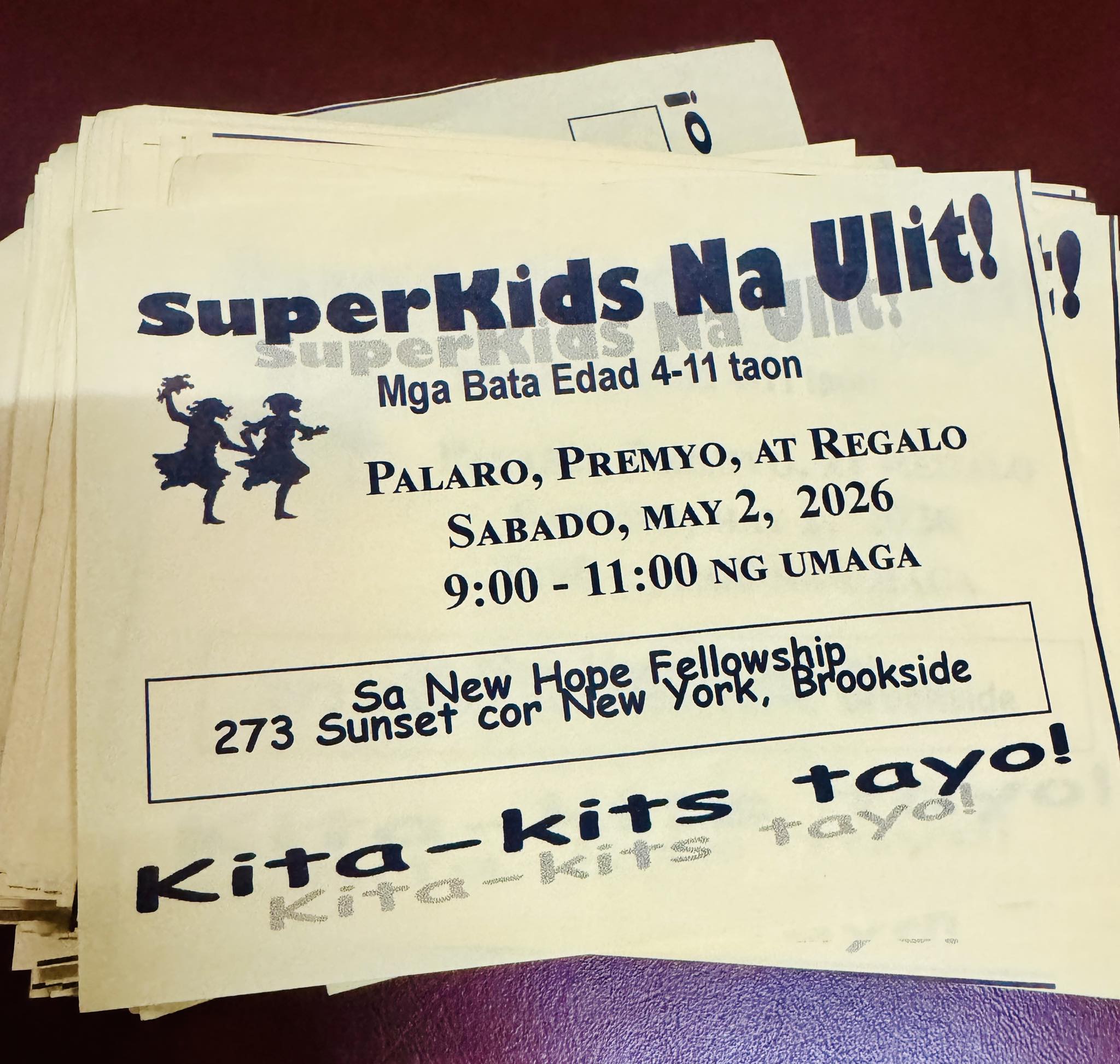 Printed Tagalog flyer inviting children ages 4 to 11 to SuperKids Na Ulit at New Hope Fellowship in Brookside, Cainta